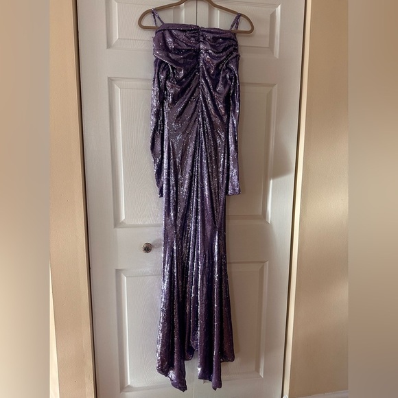 The Attico Fanny Off-Shoulder Sequin Dress Gown Long Sleeve Purple - Picture 7 of 12